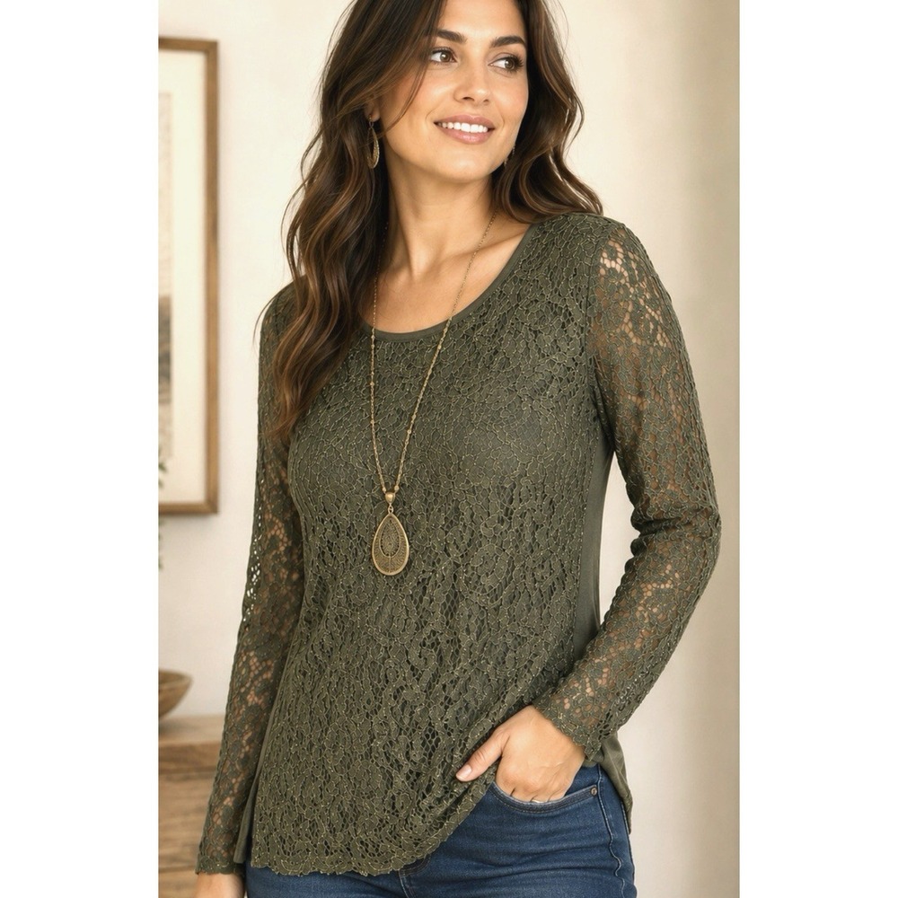 Chicos Womens Lenora Metallic Lace Long Sleeve Top Size S Evergreen Gold Preppy